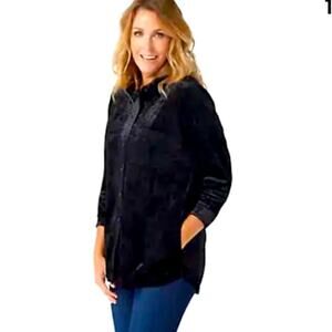 Belle Kim Gravel Womens XL Black Crushed Velvet Long Sleeve Pocket Button Up Top